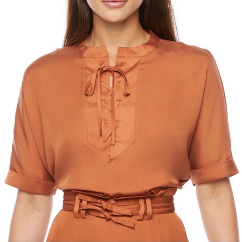Ryegrass Lace-Up Tie Neck Blouse | Rust Orange Flowy Top | Size Large